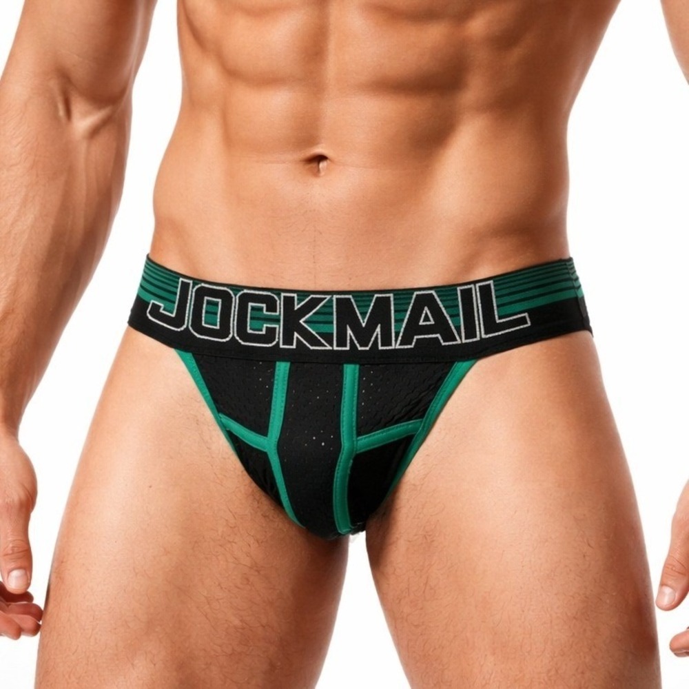 Jockmail Large (30-32) Rugby Jockstrap Black Green Mesh Athletic Supporter JM224